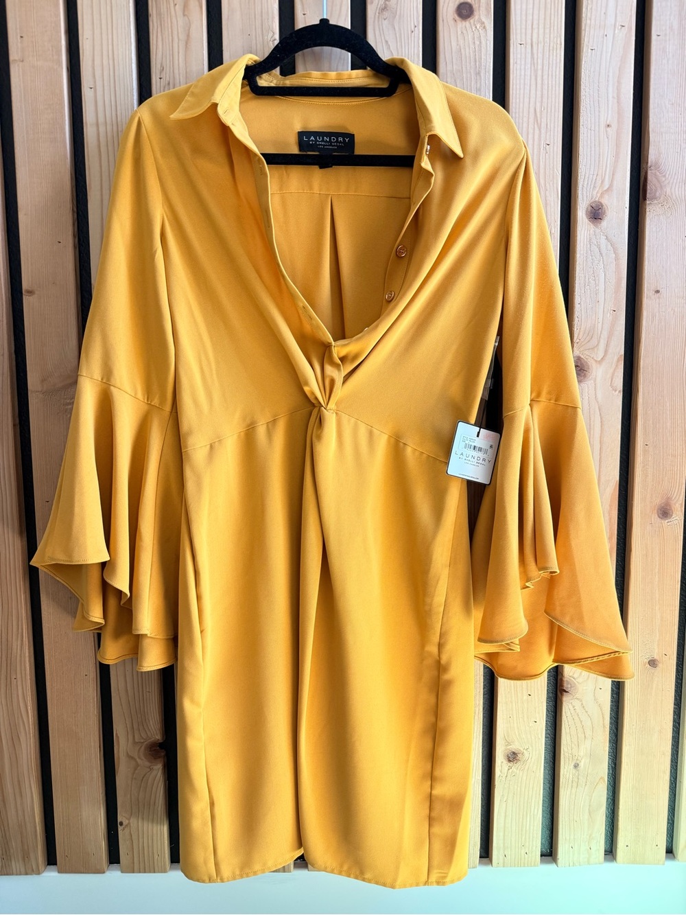 Laundry by Shelli Segal Mustard Yellow Twist-Front Bell Sleeve Dress